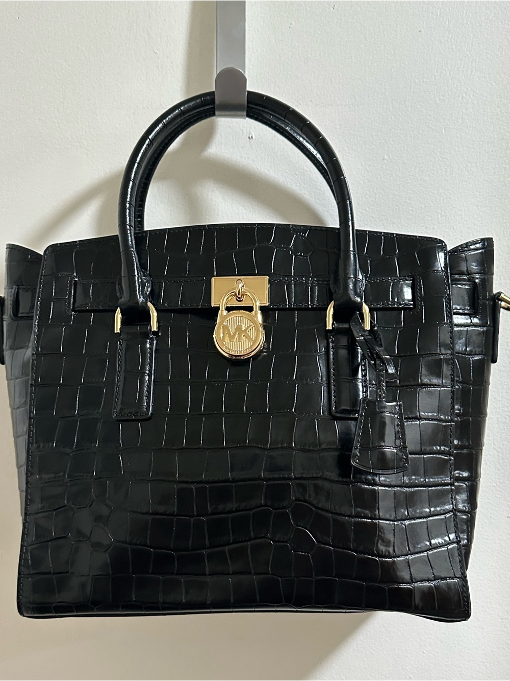 Michael Kors Black Croc-Embossed Leather Satchel with Gold Hardware